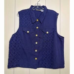 Susan Bristol Casuals Linen Cotton Vest Women’s XL Textured Button Front Blue